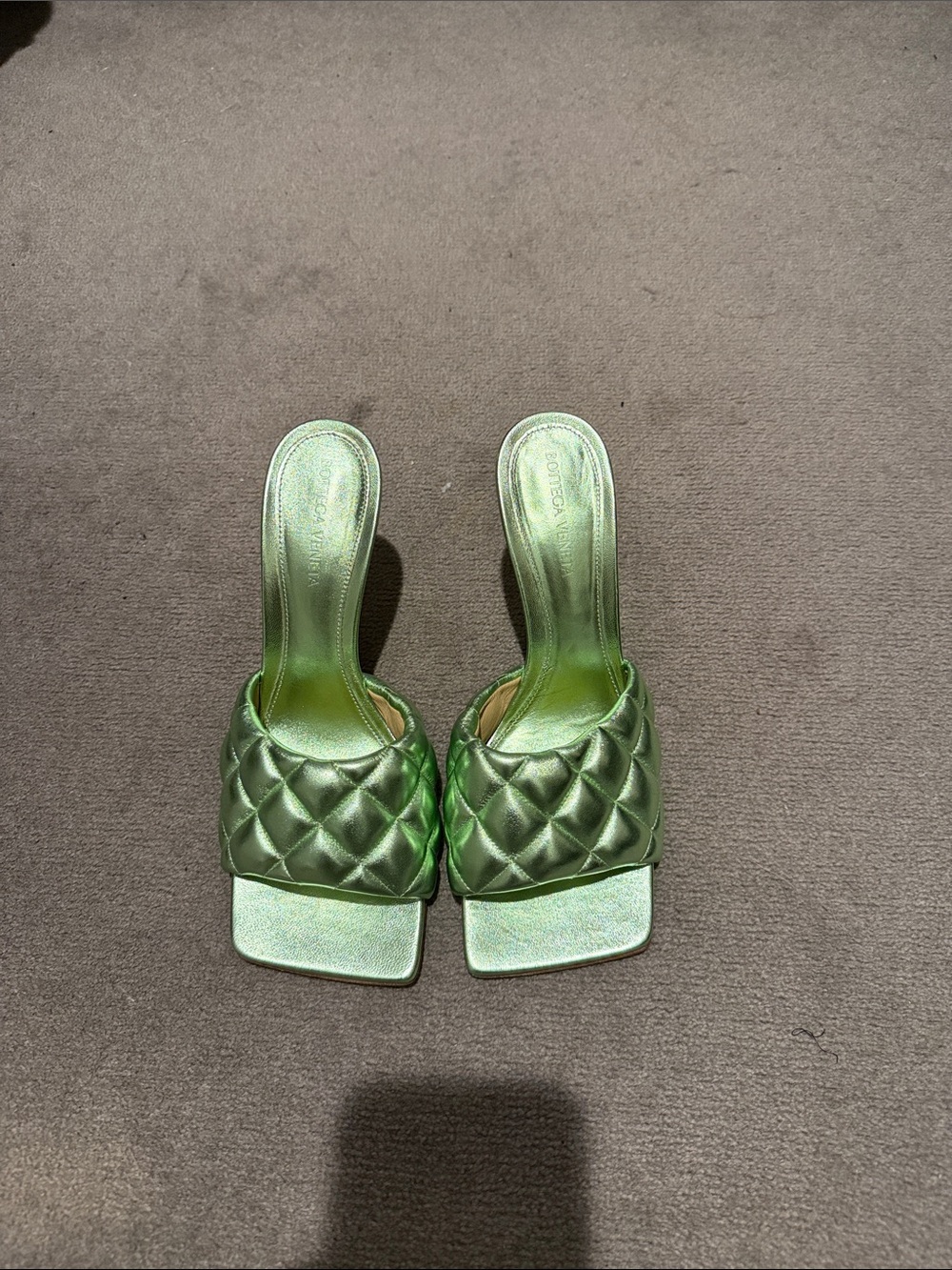 Bottega Veneta Metallic Green Quilted Slide Sandals